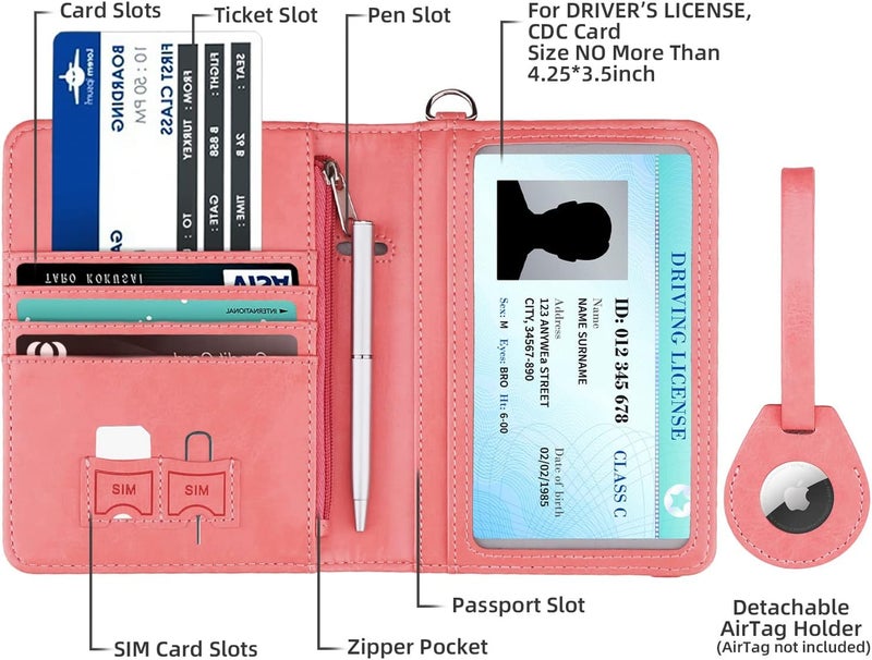 WALNEW AirTag Passport Holder, PU Leather Airtag Wallet RFID Blocking Passport Cover Travel Essentials Case for Women Men (Dark Pink) - Image 2